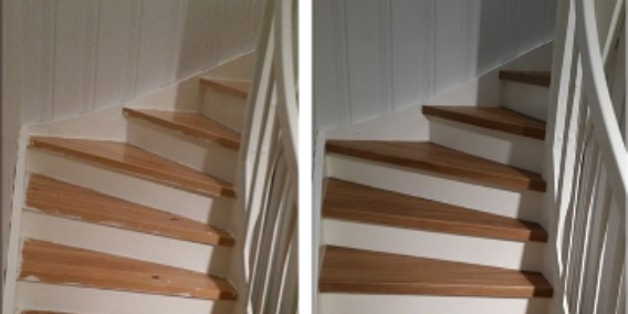 Trappefornying i Gylden eik før og etter trappefornyer, trappefornyelse, trinnfornyelse